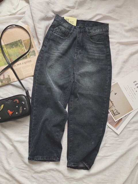 Quần baggy jeans xám boyfriend ống suông rộng cạp cao kèm ảnh thật