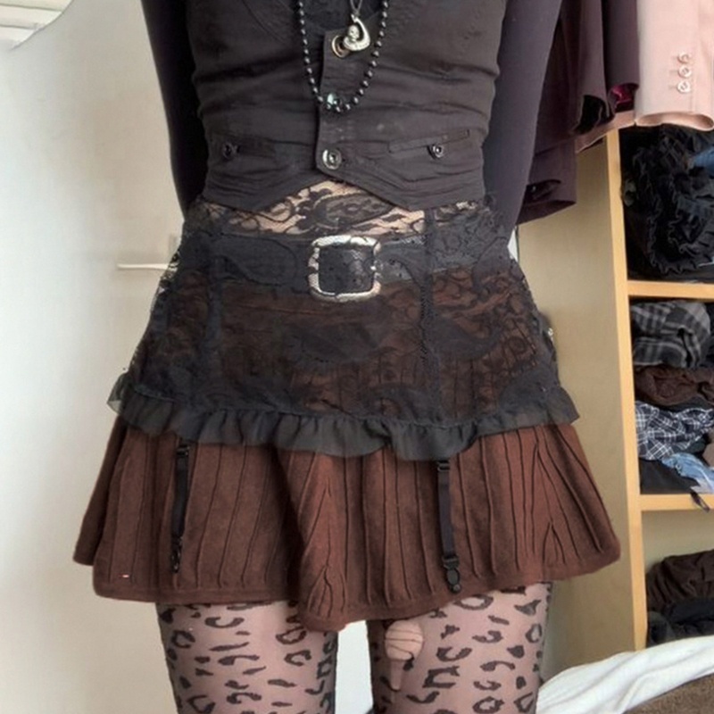 Chân Váy Len Mini Lưng Cao Xếp Ly Kẻ Sọc Nâu Phong Cách Gothic Harajuku Cho Nữ