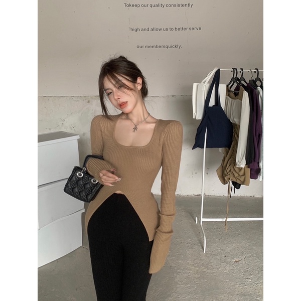 áo len dệt kim tay dài dáng ôm xẻ vạt giữa sexy (m208#)