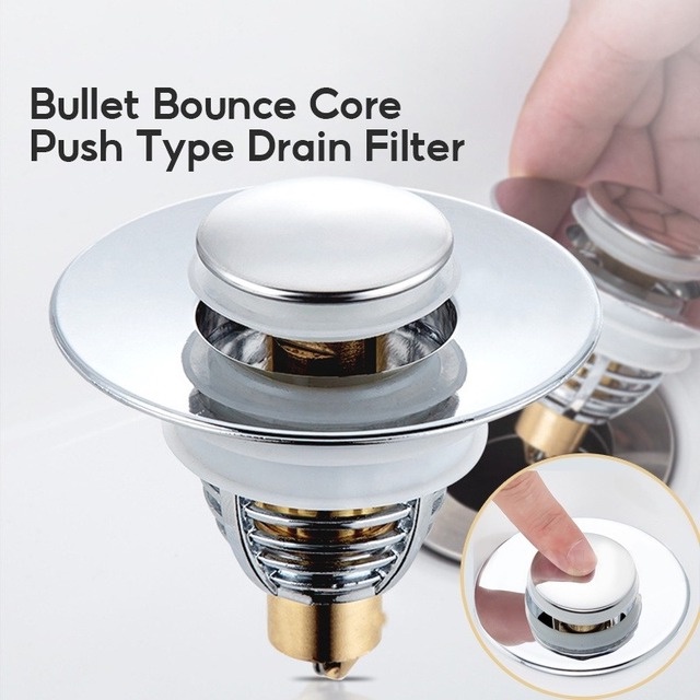 Nắp lọc làm từ thép không gỉ gắn lỗ thoát nước bồn rửa, Nắp thoát nước inox chặn rác, Nút nhấn bộ xả lavabo