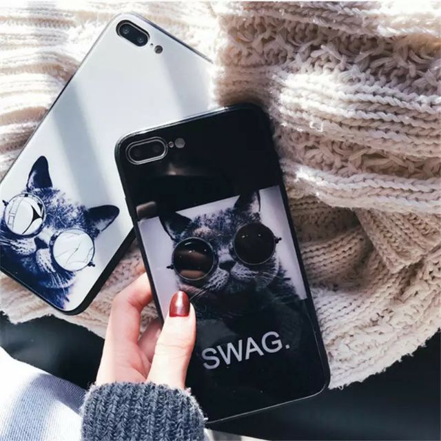 Ốp Lưng Kính Bóng Mèo Đeo Kính 13ProMax 12ProMax 11ProMax XSMAX X XS 7Plus FUKISHOP