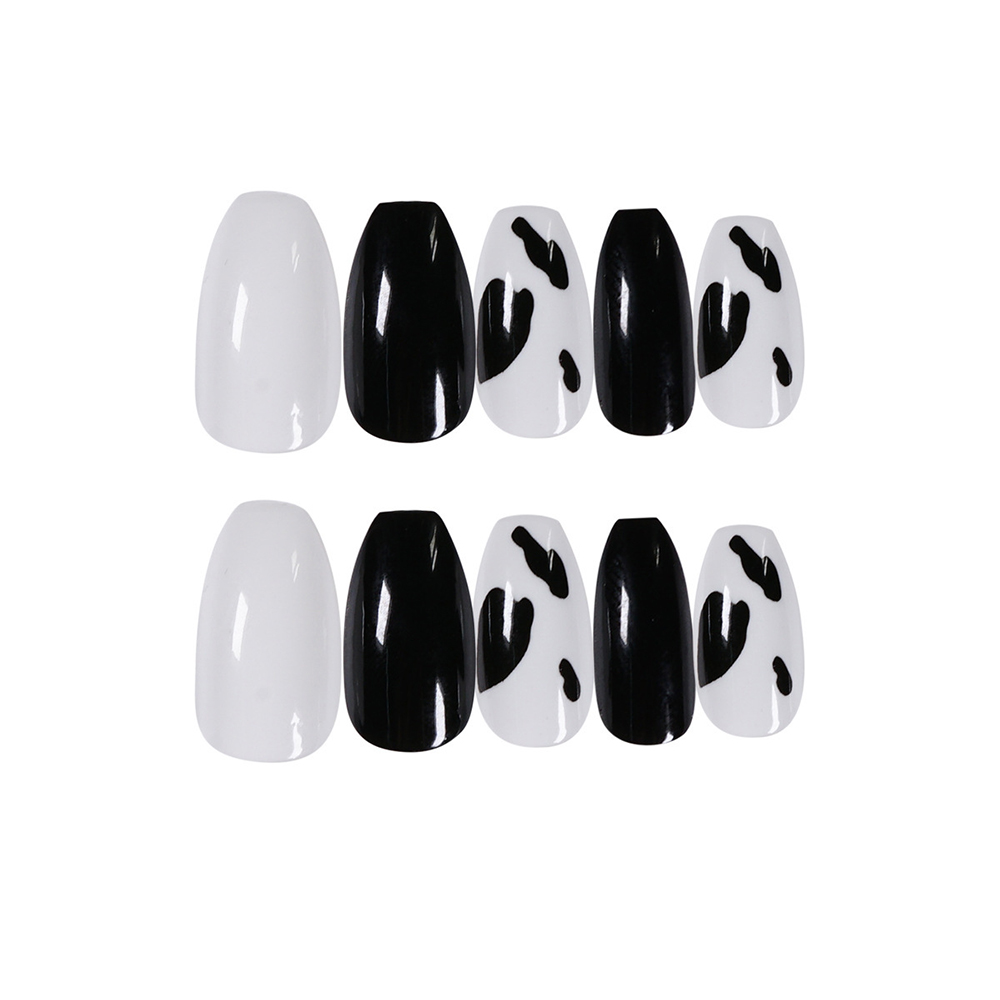 Bộ 24 móng tay giả họa tiết da bò sữa nghệ thuật trắng đen bền tháo rời được kiểu dáng đơn giản cho tiệc cưới