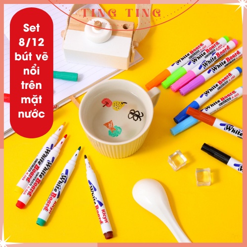 Bút vẽ nổi trên mặt nước set 8/12 cây tặng kèm thìa, Bút vẽ ma thuật cho bé, Bút viết bảng trắng _ Ting Ting