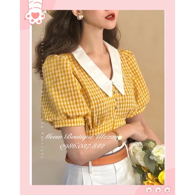 Áo sơ mi kẻ caro vàng cổ bẻ phong cách thời trang nữ Hàn quốc vintage cực xinh có ảnh thật cuối
