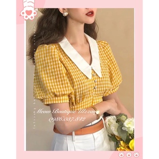 [OD] Áo sơ mi kẻ caro vàng cổ bẻ phong cách thời trang nữ Hàn quốc vintage cực xinh có ảnh thật cuối