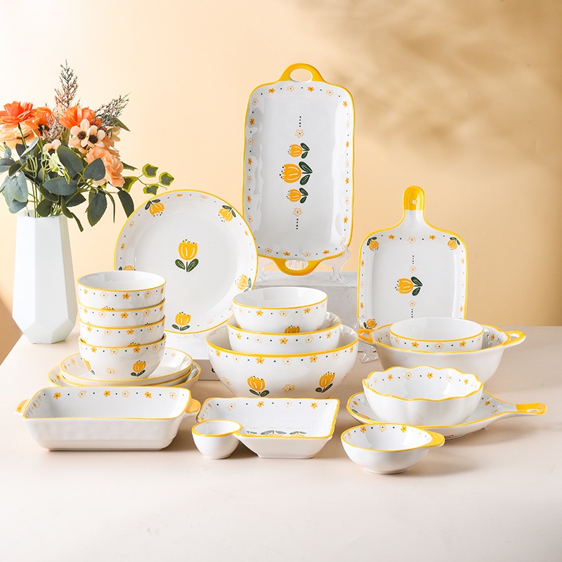Bát Đĩa Sứ Đẹp Họa Tiết Tulip Vàng, Bát Ăn Cơm Decor Xinh Xắn