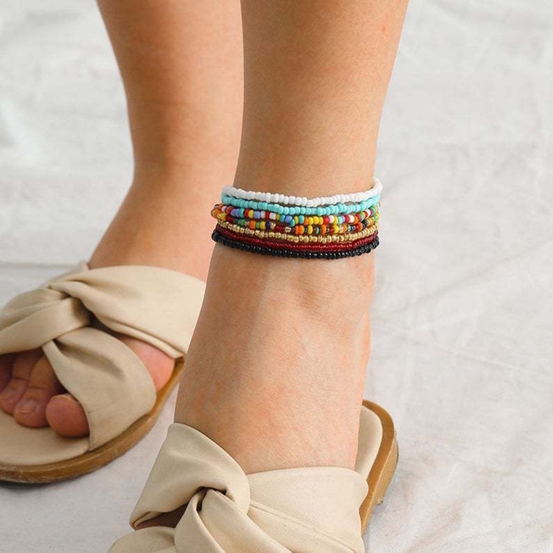 Bộ 7 Vòng Đeo Chân Co Giãn Xỏ Hạt Màu Cầu Vồng Phong Cách Bohemian Dành Cho Nữ