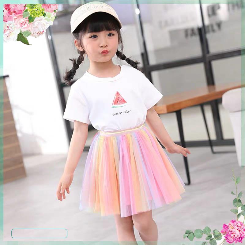 Chân Váy Xếp Ly Dài Vừa Màu Cầu Vồng Phong Cách Phương Tây Cho Bé Gái