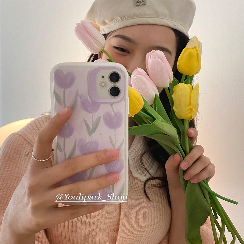 Ốp Điện Thoại Hình Hoa Tulip Màu Tím Kiểu Hàn Quốc Cho Iphone 13ProMax 12 11 X