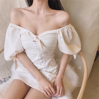 Đầm trễ vai vạt chéo ôm body Ulzzang / Váy trắng trễ vai