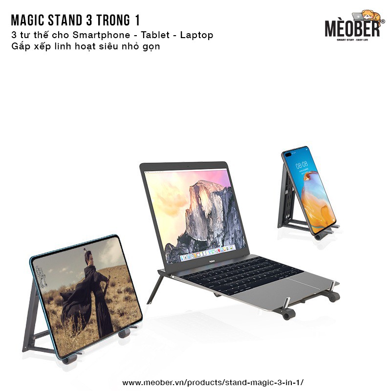 Stand Magic 3-in-1 - Giá đỡ cho laptop, điện thoại, máy tính bảng, nhỏ gọn gắp xếp linh hoạt (Black/White)