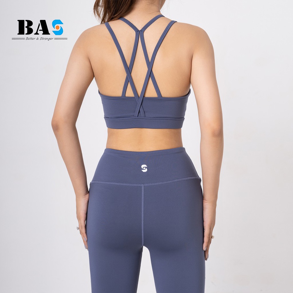 Set lửng thể thao tập yoga gym aerobic BAS bra 4 dây cách điệu phối legging 9 tấc cạp cao - SL210405