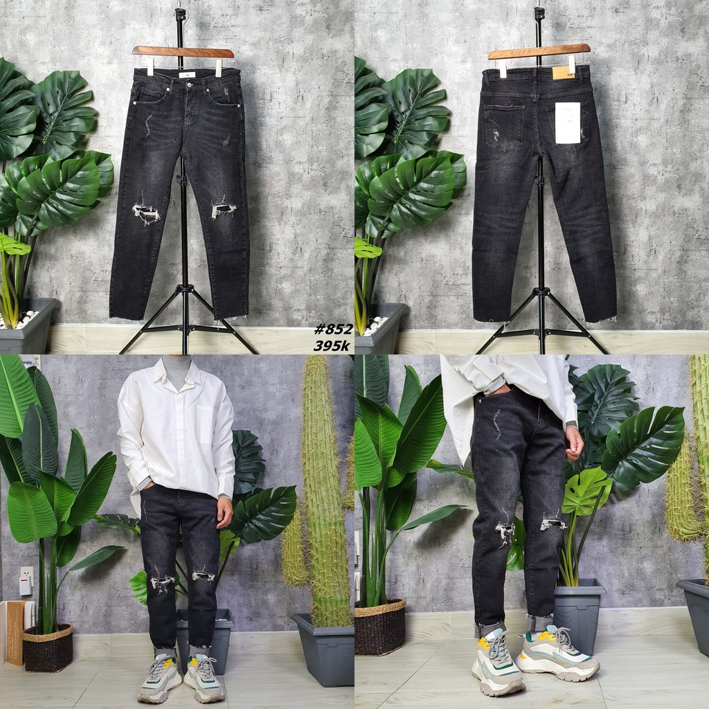 Quần jean nam W2P jeans slim fit đen wash rách gối 2 bên 852