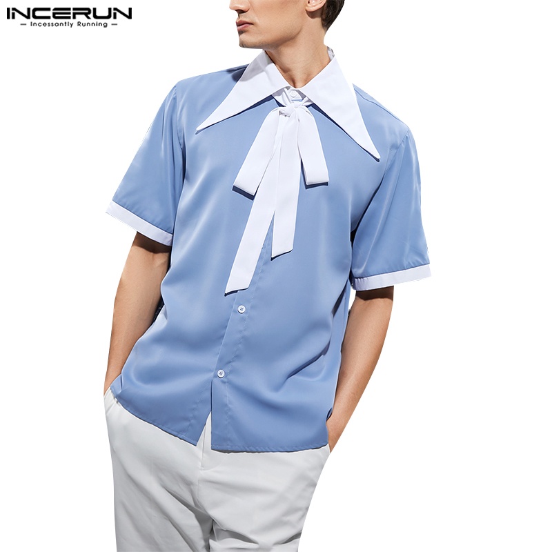 Áo sơ mi INCERUN ngắn tay phối màu retro cho nam