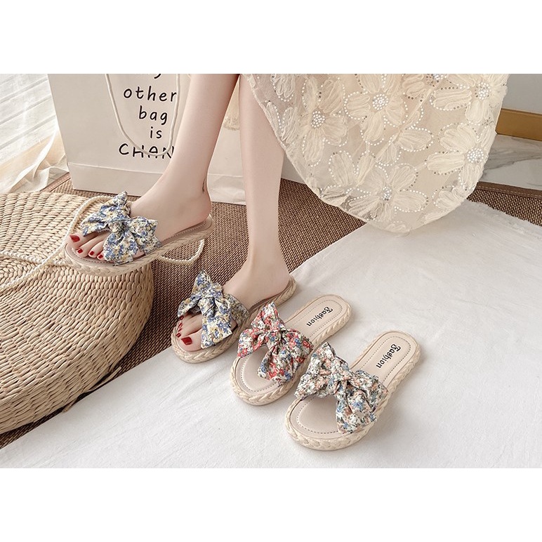 Dép nơ giả cói cut-out họa tiết hoa vintage đi biển chống trơn trượt, mang êm, nhẹ, bền