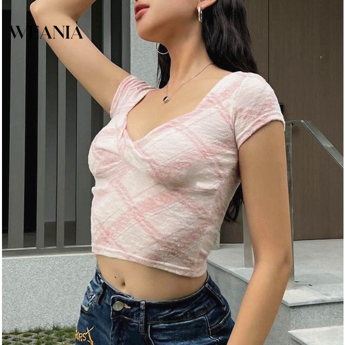 Áo Croptop Tay Ngắn Cổ Chữ V Hoạ Tiết Kẻ Sọc Thiết Kế Thắt Nút Độc Đáo