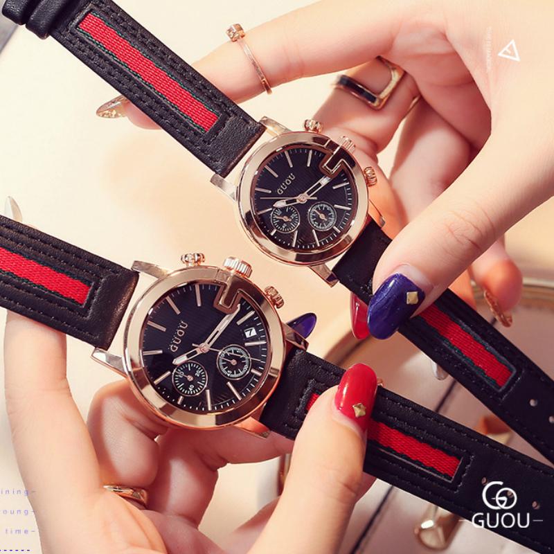 Đồng hồ đeo tay nữ chính hãng Guou dây da có lịch đẹp viền vàng chống nước 8173
