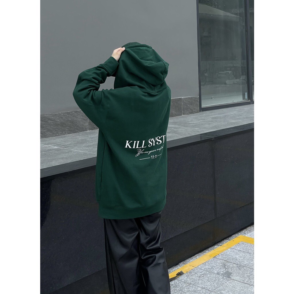 Áo Khoác Hoodie Zip KILL SYSTEM Màu Xanh Rêu Phong Cách Unisex