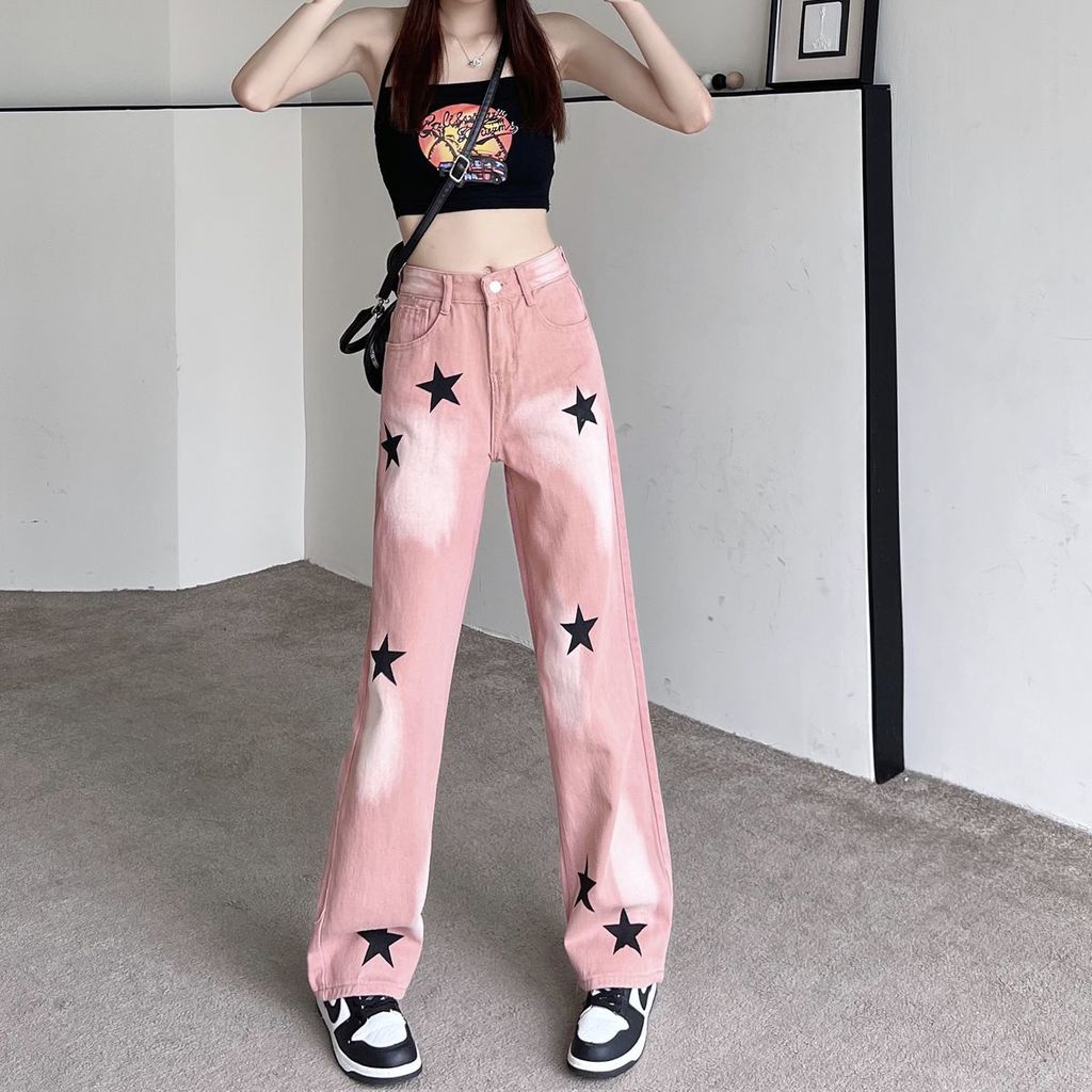 Quần Jean Eo Cao Dáng Rộng In Hình Ngôi Sao Màu Gradient Phong Cách Đường Phố Mỹ Cá Tính Dành Cho Nữ
