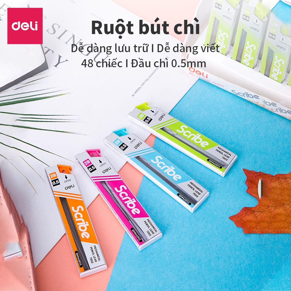 [Mã LIFEDELI20K5 giảm 20K đơn 0Đ] Ruột bút chì 0.5mm Deli, Xanh dương/Cam/Xanh lục/Hồng - 2 Ống - E7003