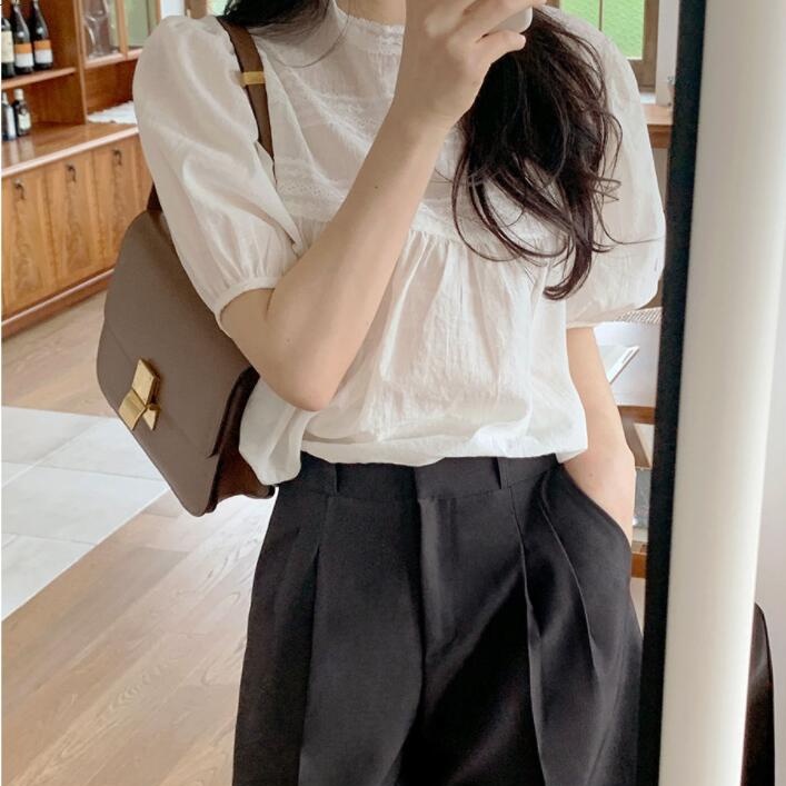 Áo Sơ Mi Tay Ngắn Cổ Búp Bê Phối Ren Phong Cách Hàn Quốc Thời Trang Cho Nữ