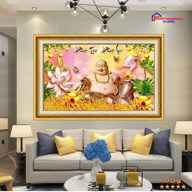 Tranh đính đá, tranh thêu chữ thập phật di lạc phát tài phát lộc 1m x 65cm