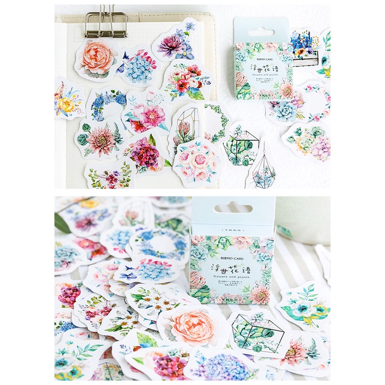 Hộp 45 chiếc sticker VƯỜN HOA SẮC MÀU PASTEL vintage trang trí sổ, decor quà tặng, bullet journal
