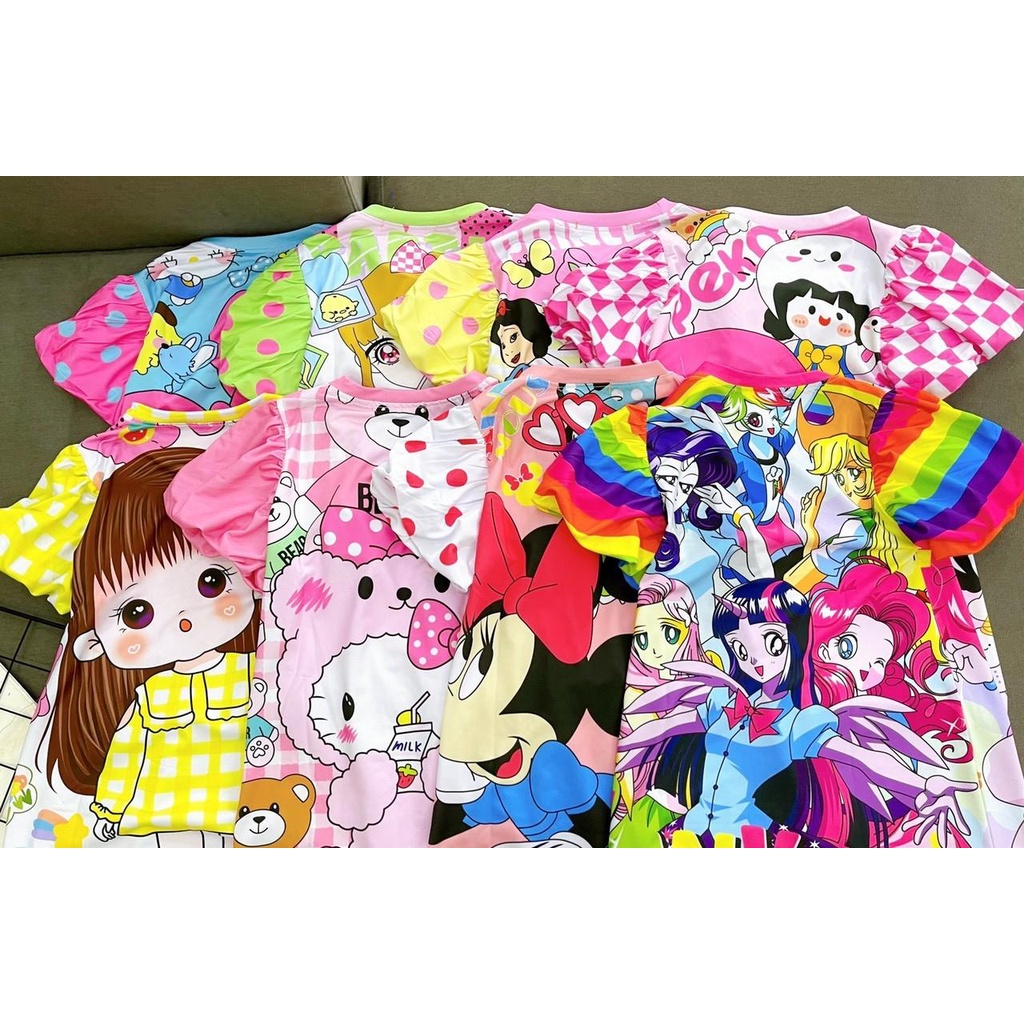 Đầm tay phồng bé gái đẹp thun lạnh in 3D mềm mát mùa hè size đại 20 đến 40kg