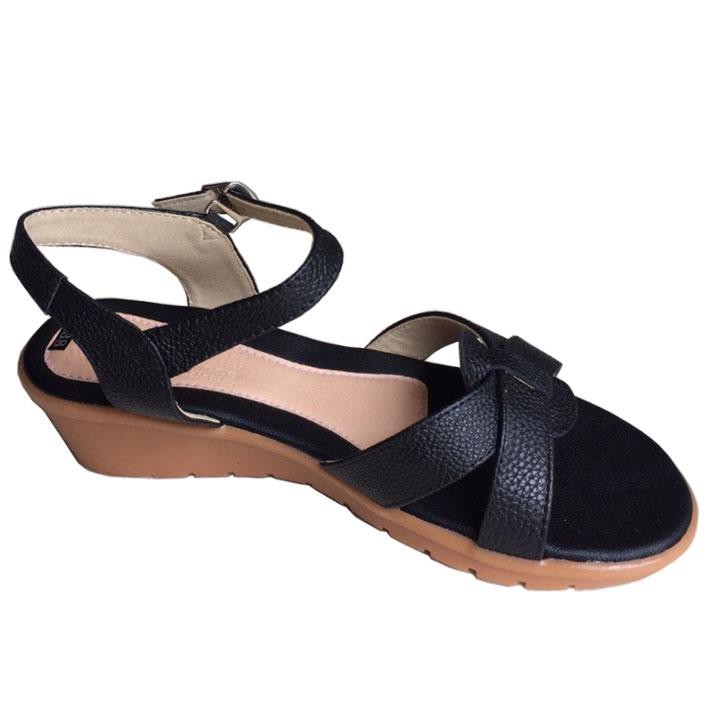 Xăng đan nữ đế cao 5cm da bò cao cấp màu đen