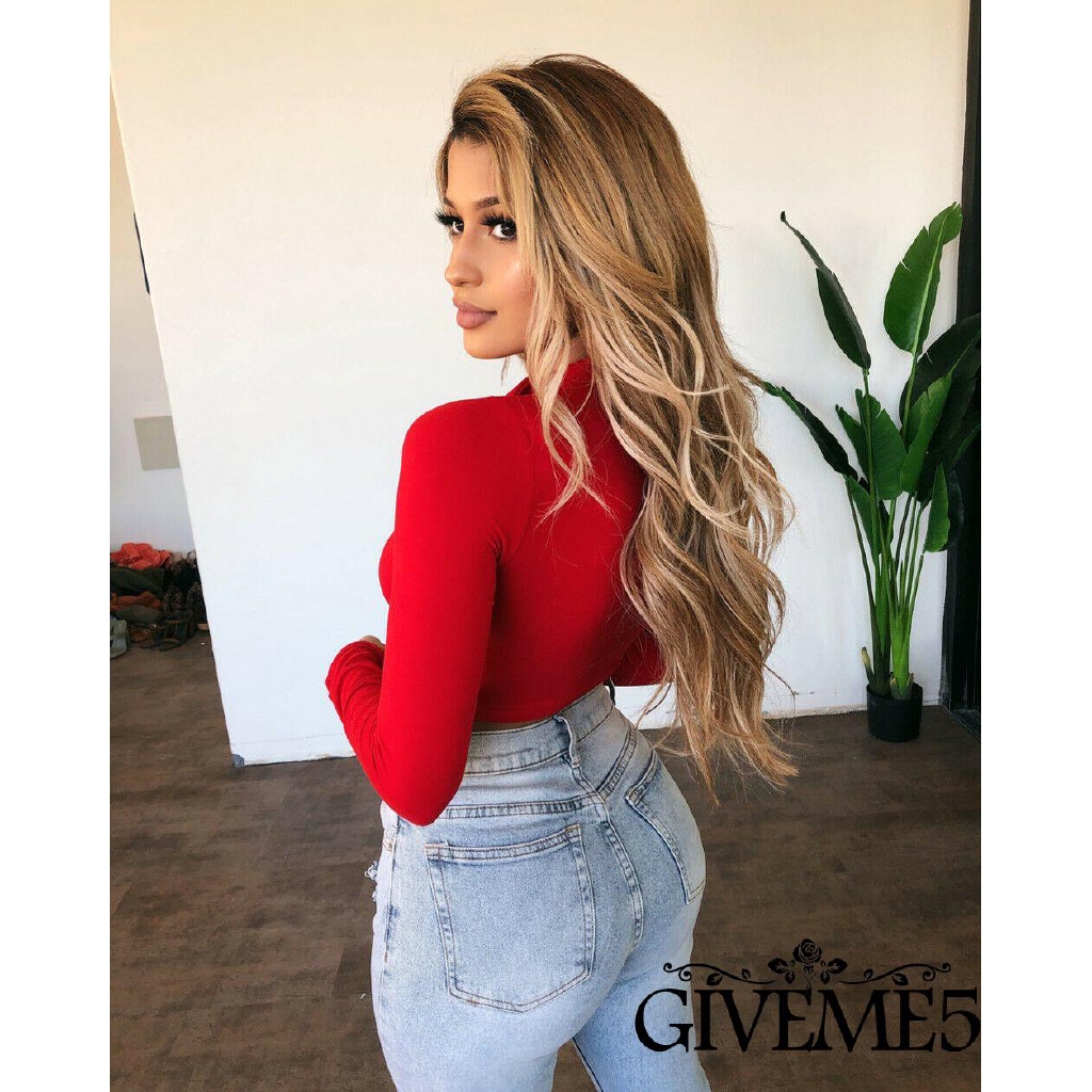 Áo Croptop Tay Dài Cổ Chữ V Phối Khóa Kéo Cho Nữ