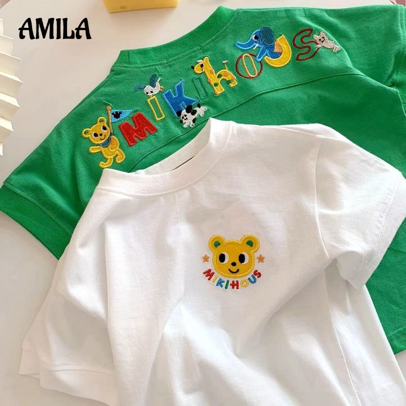 Áo thun AMILA 100% cotton tay ngắn thêu họa tiết hoạt hình phong cách phương tây cho bé gái