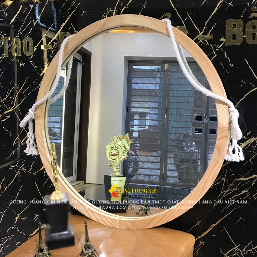 Gương tròn khung gỗ treo dây thừng decor makeup bàn trang điểm phòng tắm MIRRORTOCTOC KG-0005