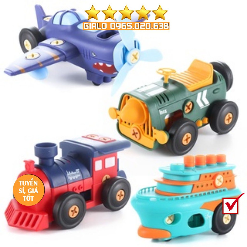 Bộ 4 xe quân sự tháo lắp: máy bay xe kéo xe lửa tàu thủy- chạy pin giúp bé rèn luyện sự tỉ mỉ khéo léo kiên nhẫn
