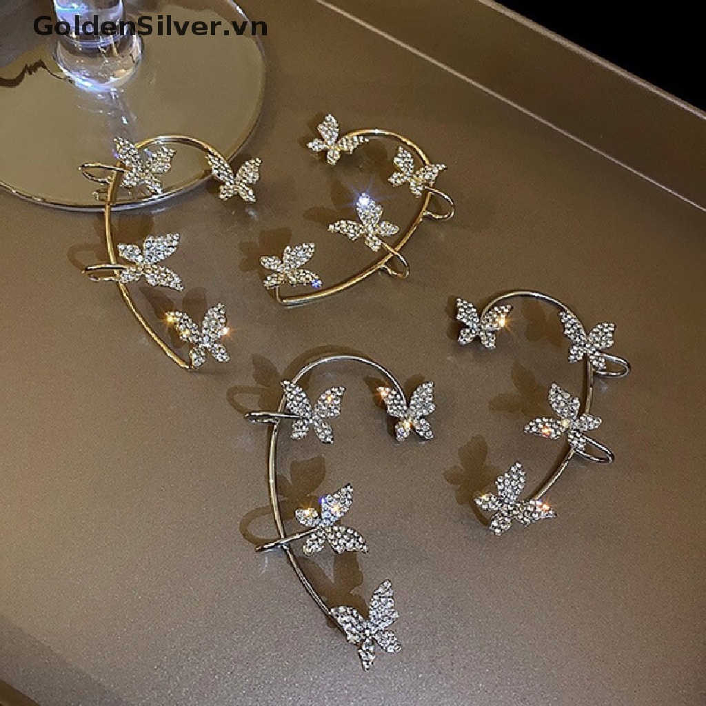 Bông Tai Dạng Kẹp Hình Bướm Màu Vàng Kim / Bạc Đính Đá Zircon