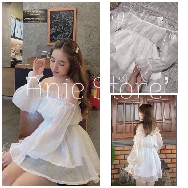 Áo Trễ Vai Viền Bèo Voan Tơ 🦋 Áo Trắng Nữ Dài Tay 2 Lớp Bánh Bèo 🦋