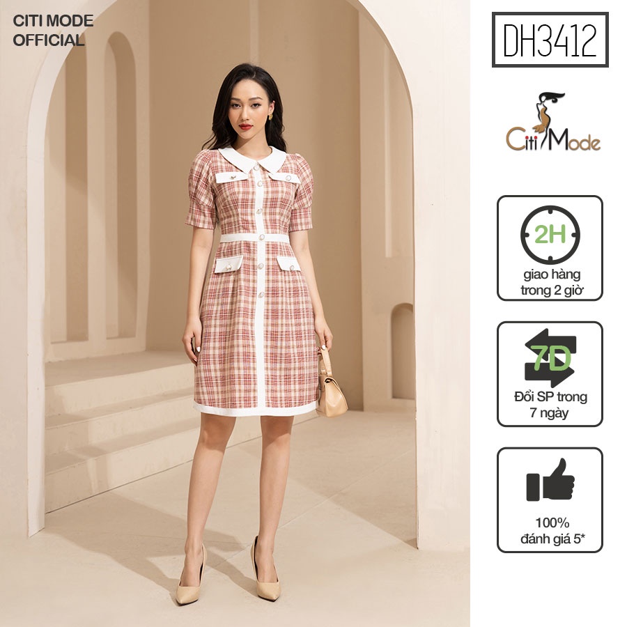 Đầm xòe A công sở CITI MODE họa tiết caro đỏ cổ bẻ tay bồng đính cúc DH3412