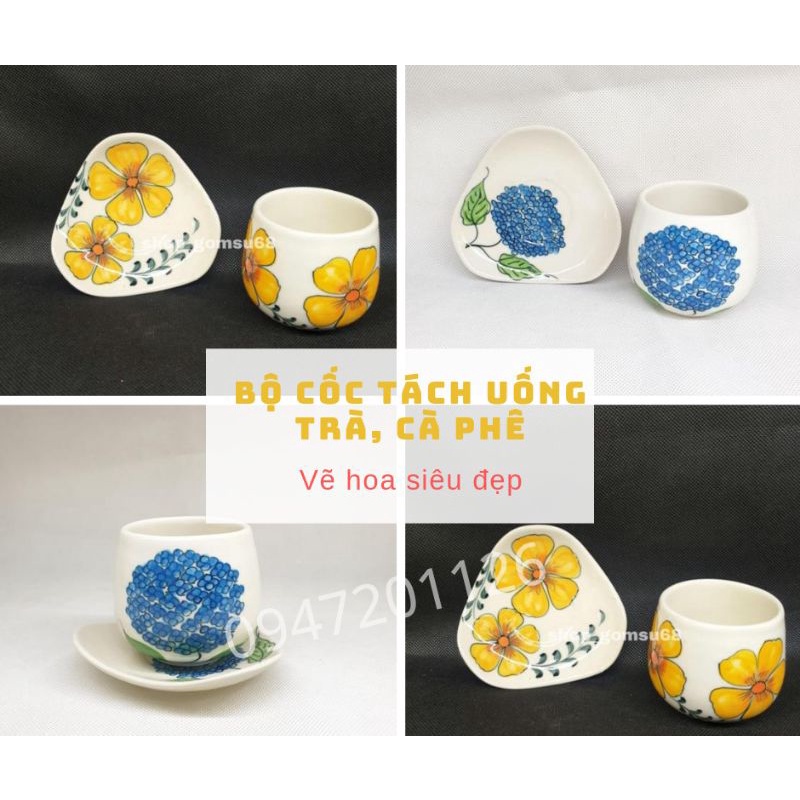 Bộ Cốc Ly Tách Sứ Uống Trà Uống Cà Phê 200ml Vẽ Hoa Cực Đẹp - Hoa Vàng 5 Cánh và Hoa Cẩm Tú Cầu - Không mua sẽ tiếc !
