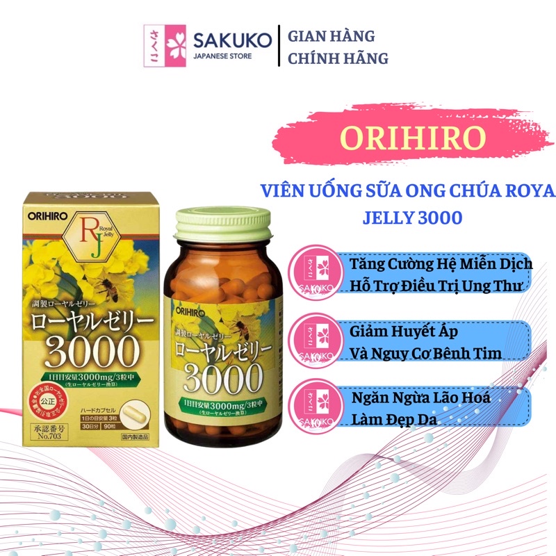 Viên Uống Sữa Ong Chúa Royal Jelly 3000mg Orihiro 90 viên/hộp-[Hàng Nhật Nội Địa]