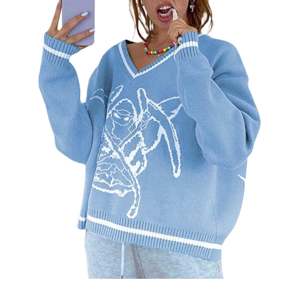 Áo Sweater Dệt Kim Tay Dài Cổ Chữ V Dáng Rộng In Họa Tiết Hoạt Hình Màu Xanh Dương Cho Nữ