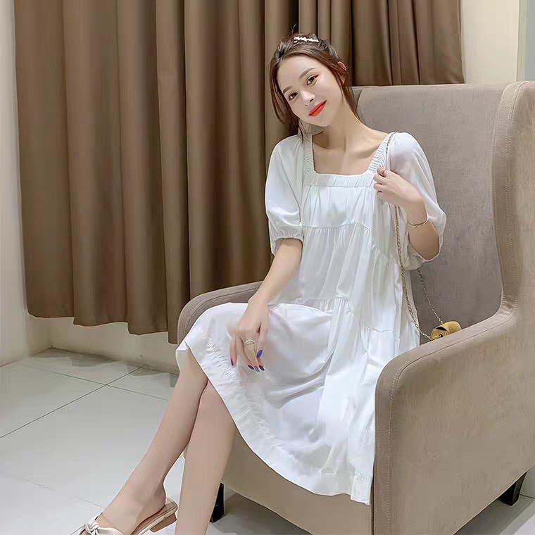 VÁY TRỄ VAI BABYDOLL TAY CHUN MÀU TÍM TRẮNG - ĐẦM CỔ VUÔNG BA TẦNG TRẮNG TÍM ULZZANG