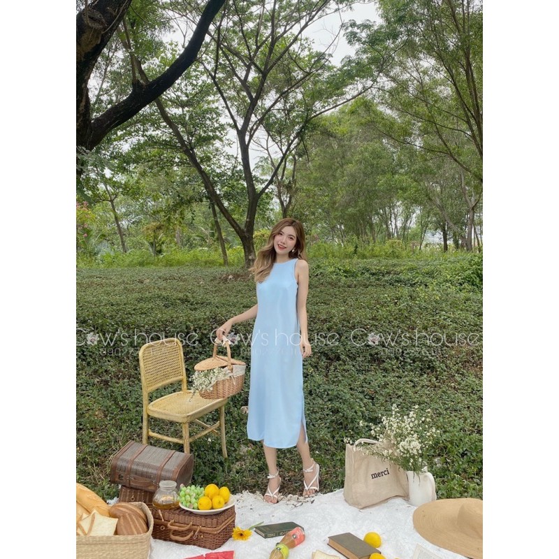 Đầm midi xanh cột nơ lưng