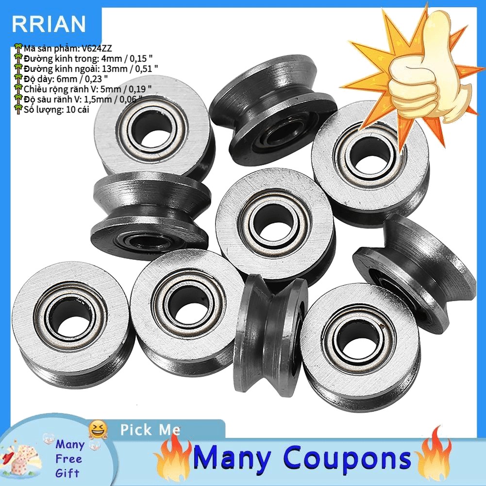 RRIAN [READY STOCK]Set 10 vòng bi ròng rọc chuyên dụng cho hệ thống chuyển động đường sắt tuyến tính V624ZZ V 4*13*6mm