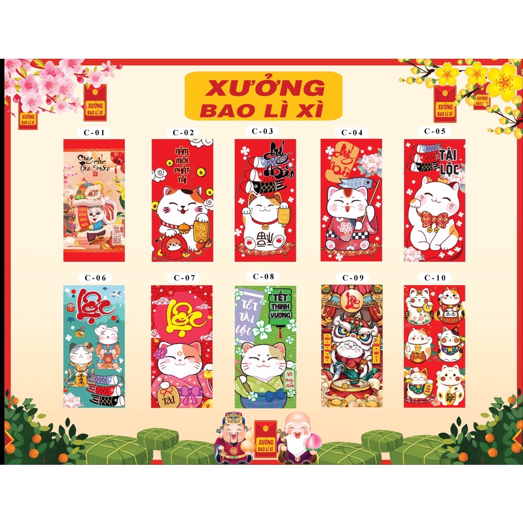 Xấp 10 bao lì xì hàng loại nhất giá xưởng,chọn mẫu từ 48 đến 95,bao lì xì 2023