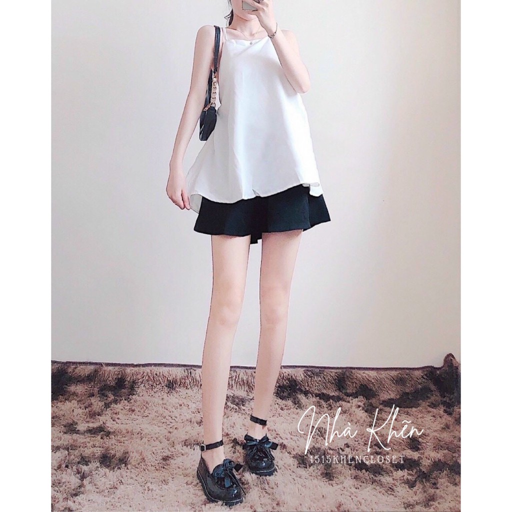 Set áo 2 dây hở lưng chéo trắng chân váy đen xoè