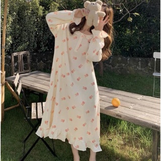 Váy ngủ dài tay mùa thu đông họa tiết trang trí chất liệu cotton phong cách Hàn Quốc[ORDER]