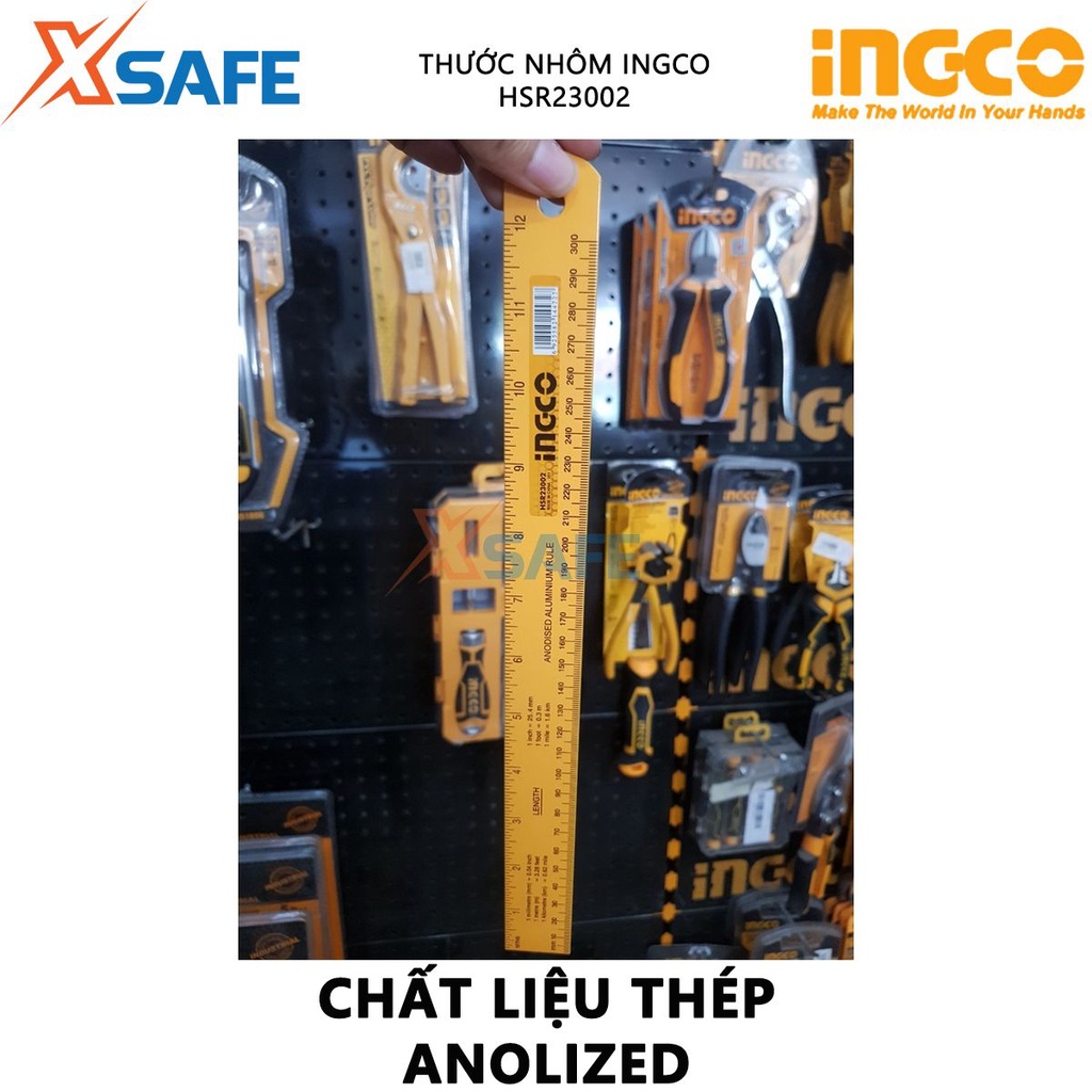 Thước nhôm INGCO HSR23002 Thước lá chiều dài 30cm, rộng 3cm, chất liệu nhôm anodized độ cứng cao, không bị mài mòn