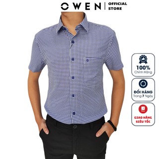 Áo Sơ Mi Nam Ngắn Tay Owen AS20639NT Somi Cộc Tay Công Sở Cao Cấp Màu Kẻ Caro Nhỏ Xanh Đậm Chất Cafe Dáng Ôm Tà Lượn