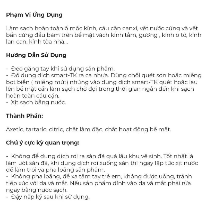 Nước Tẩy Rửa Làm Sạch Canxi Vách Kính Tắm Gương Smart TK Siêu Sạch An Toàn Thân Thiện Với Mọi Người