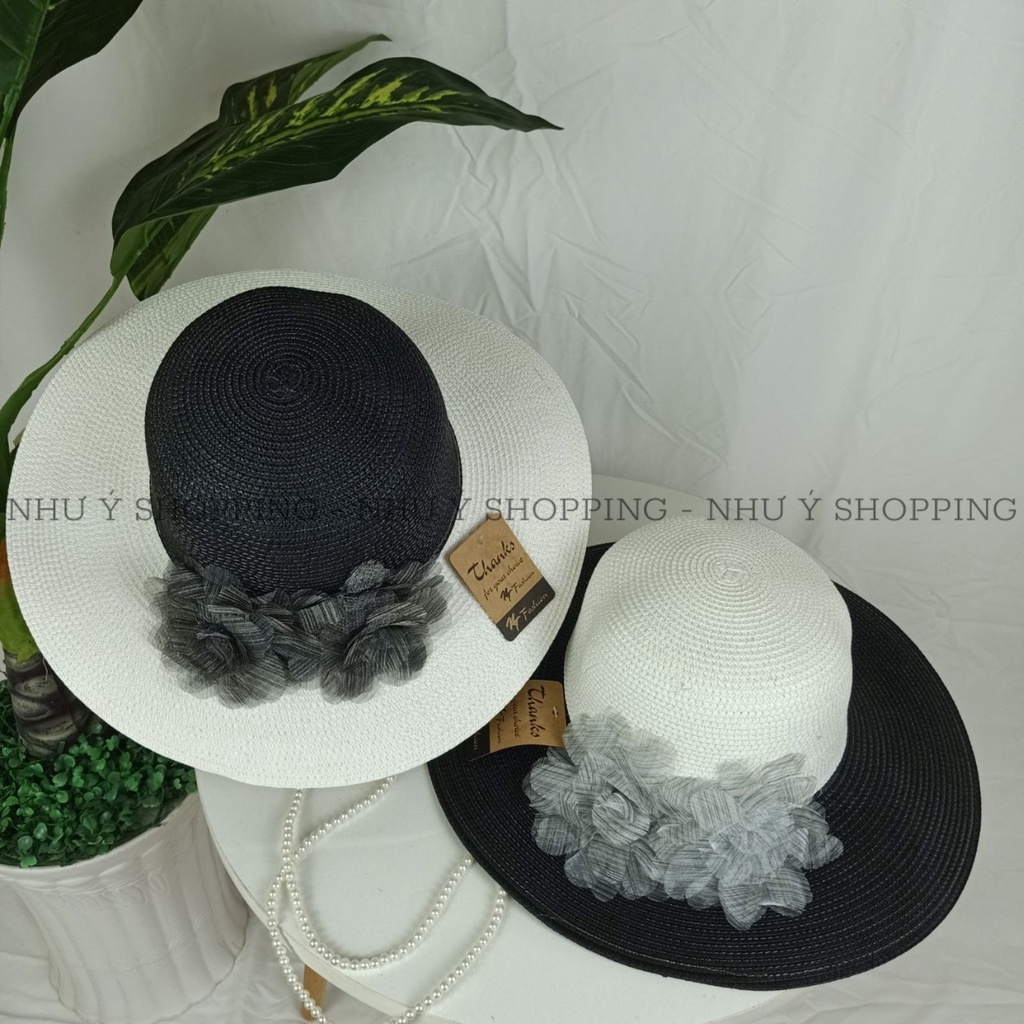 Nón cói, mũ cói đi biển cho nữ, chất liệu mũ cói mềm 2 hoa đen trắng q12vành đen trắng NHƯ Ý
