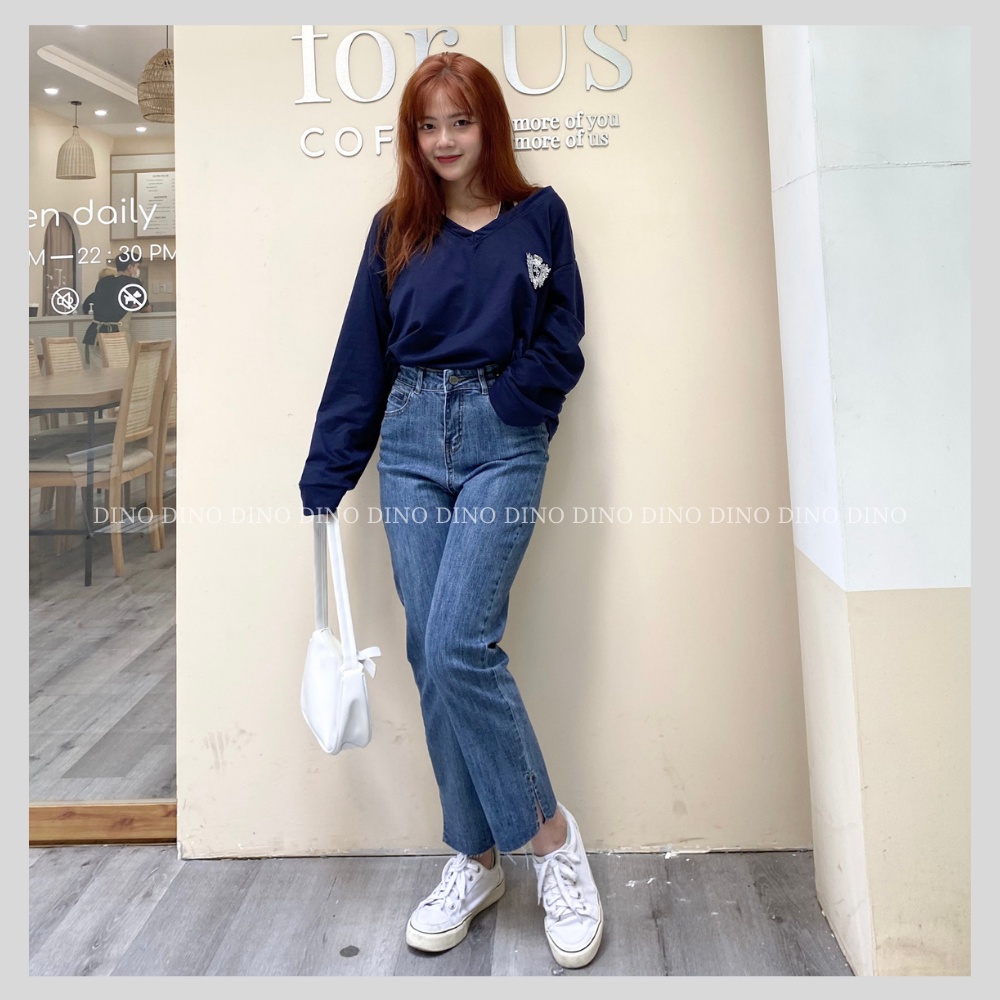 Quần jean nữ DINO ống đứng lưng cao quần bò nữ xẻ gấu